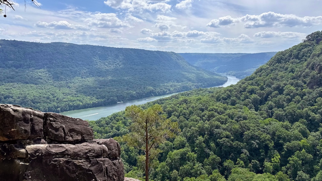Tennessee River Gorge view from the Julia Falls overlook with rock outcropping in foreground